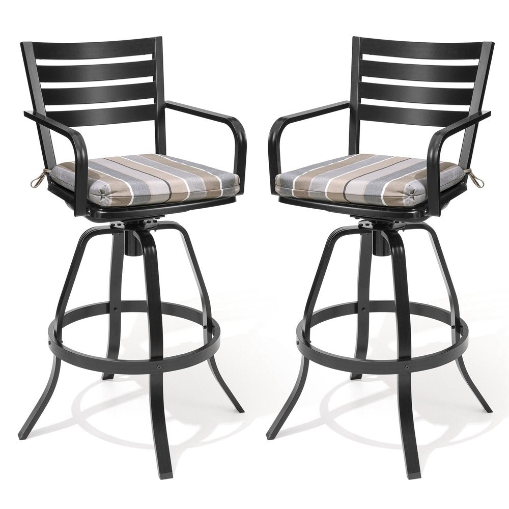 Set of Two 30" Black and Off White Aluminum Swivel Outdoor Bar Height Chairs — view 3