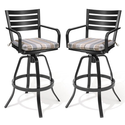 Set of Two 30" Black and Off White Aluminum Swivel Outdoor Bar Height Chairs HomeRoots
