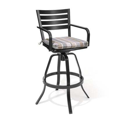 Set of Two 30" Black and Off White Aluminum Swivel Outdoor Bar Height Chairs HomeRoots