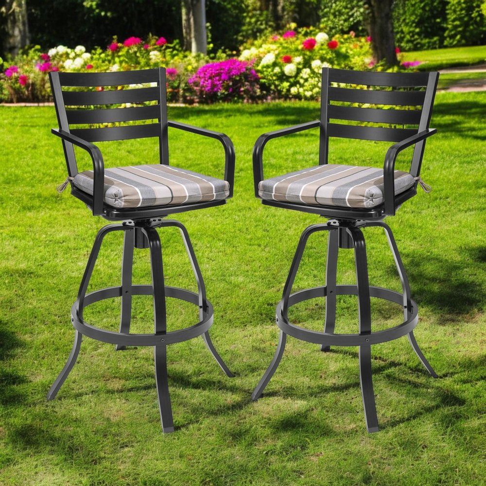 Set of Two 30" Black and Off White Aluminum Swivel Outdoor Bar Height Chairs HomeRoots