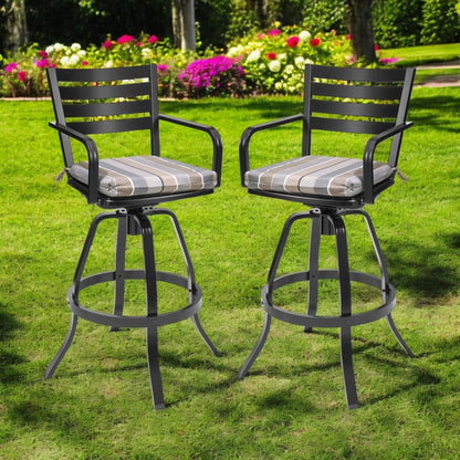 Set of Two 30" Black and Off White Aluminum Swivel Outdoor Bar Height Chairs HomeRoots