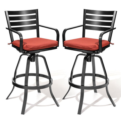 Set of Two 30" Black and Red Aluminum Swivel Outdoor Bar Height Chairs HomeRoots