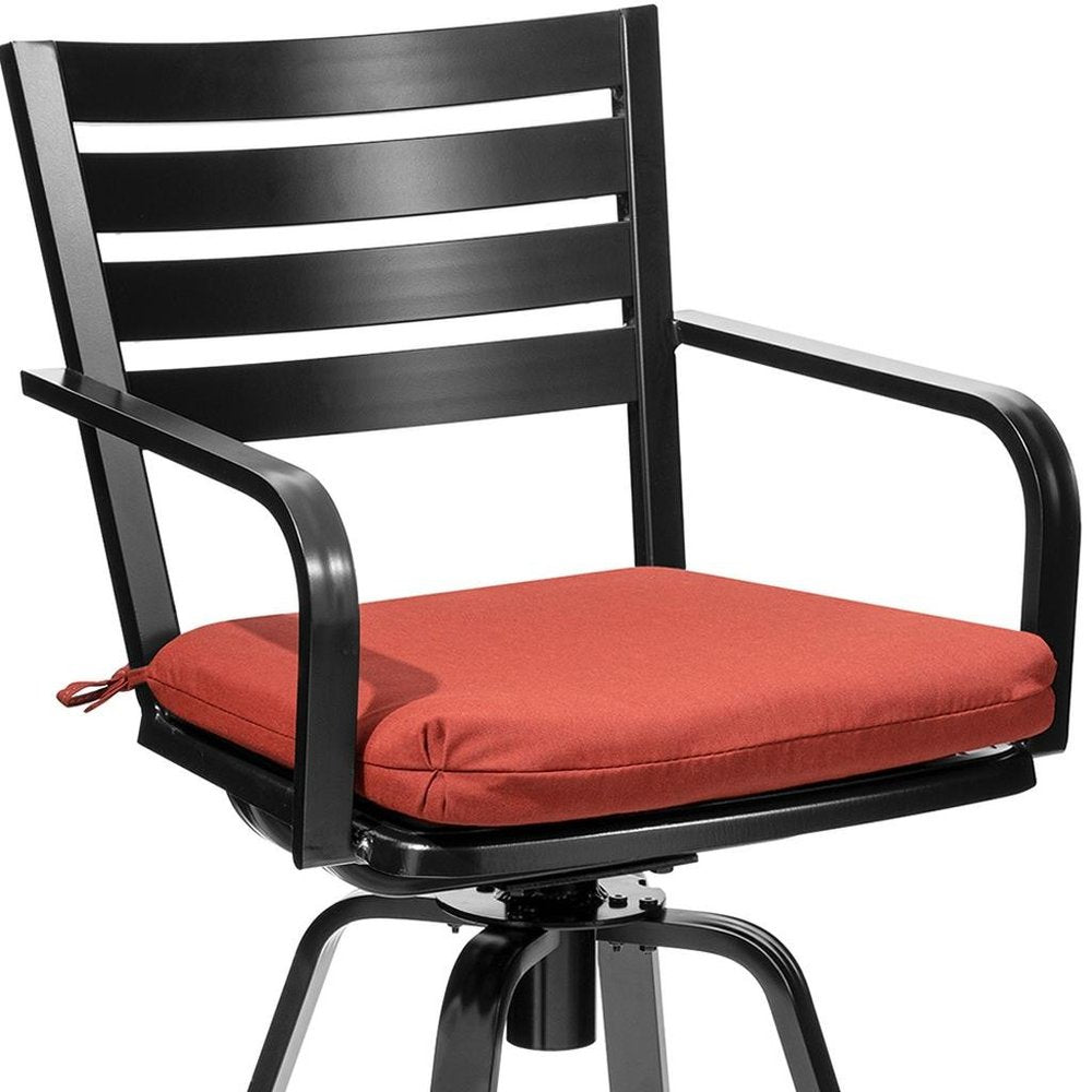 Set of Two 30" Black and Red Aluminum Swivel Outdoor Bar Height Chairs HomeRoots
