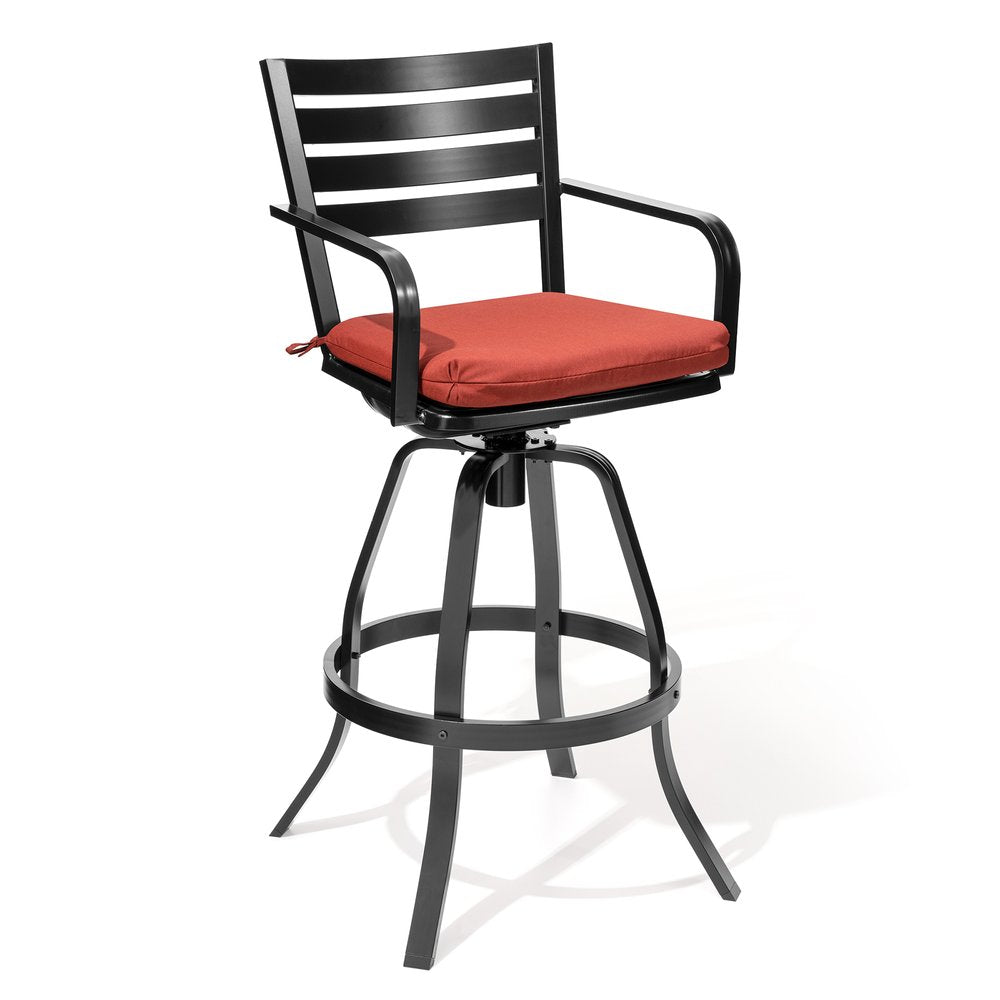Set of Two 30" Black and Red Aluminum Swivel Outdoor Bar Height Chairs HomeRoots