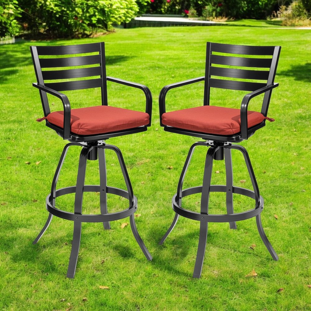 Set of Two 30" Black and Red Aluminum Swivel Outdoor Bar Height Chairs — view 1