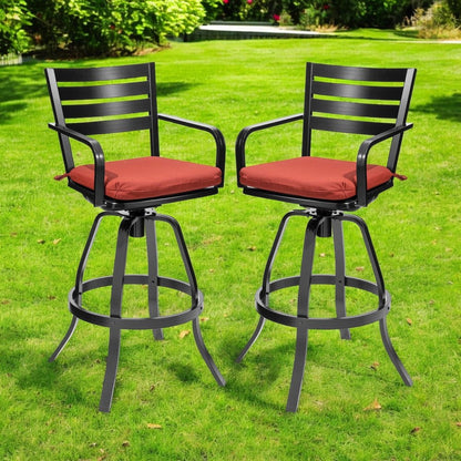 Set of Two 30" Black and Red Aluminum Swivel Outdoor Bar Height Chairs HomeRoots