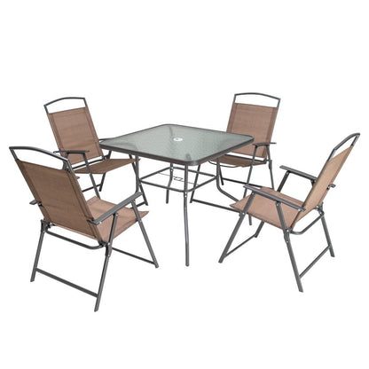 Five Piece Clear and Brown Square Glass Dining Set with Four Chairs HomeRoots