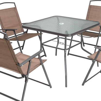Five Piece Clear and Brown Square Glass Dining Set with Four Chairs HomeRoots