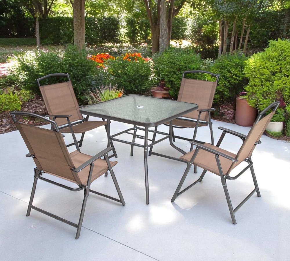 Five Piece Clear and Brown Square Glass Dining Set with Four Chairs — view 1