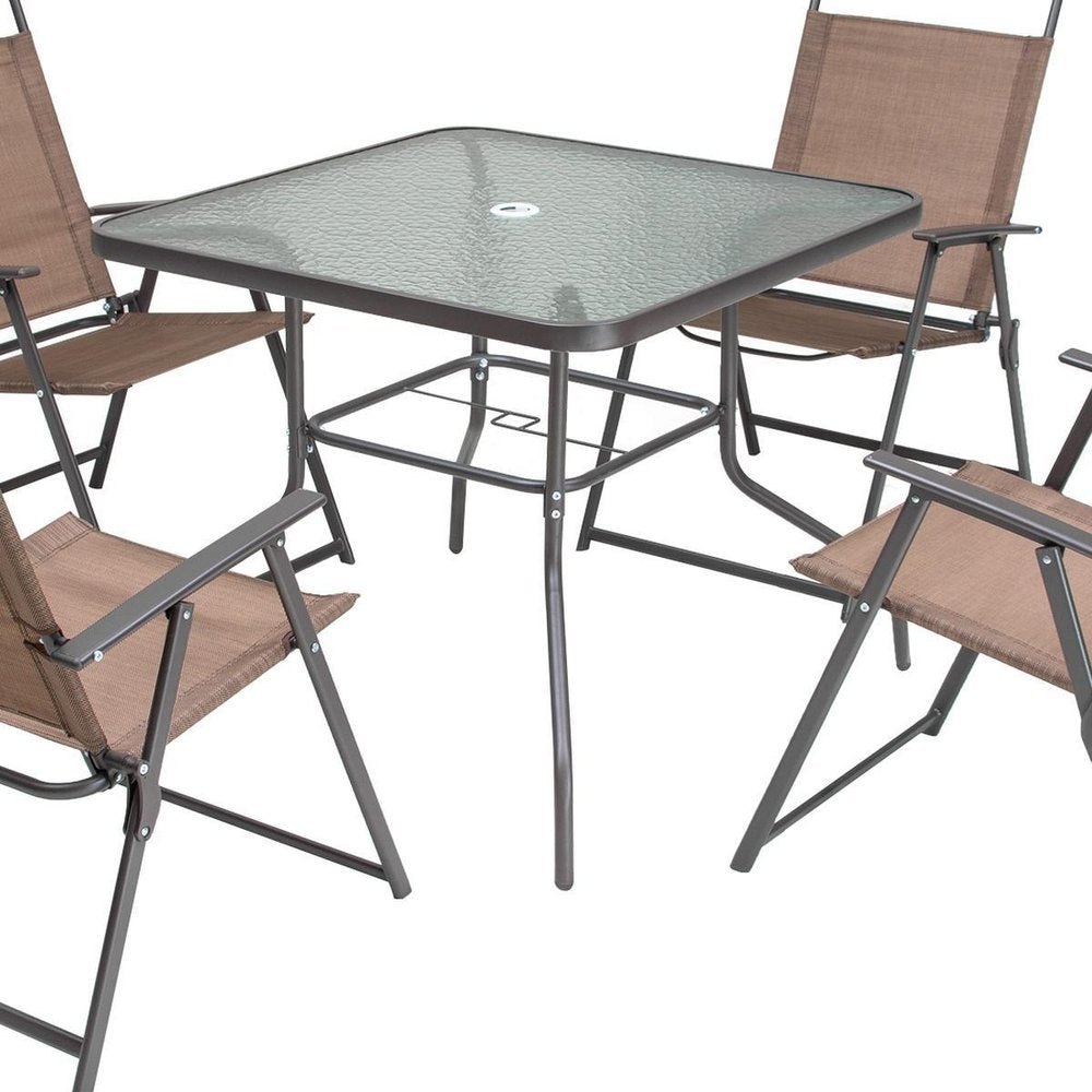 Five Piece Clear and Brown Square Glass Dining Set with Four Chairs HomeRoots