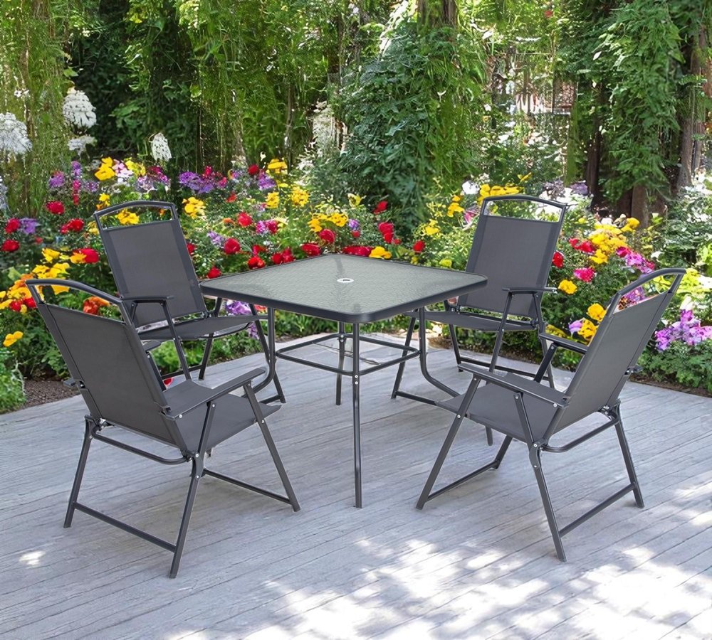 Five Piece Clear and Black Square Glass Dining Set with Four Chairs HomeRoots