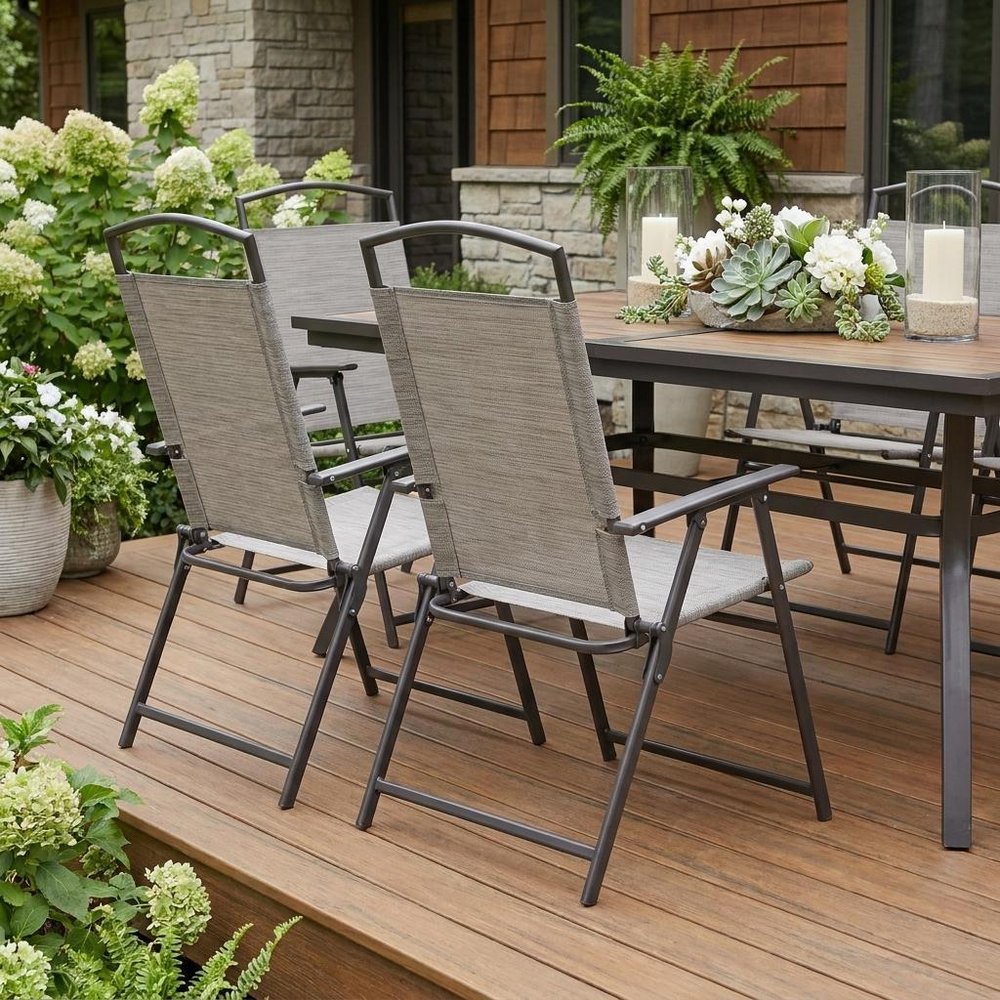 Set of Four 35" Brown Steel Sling Outdoor Folding Arm Chairs — view 8