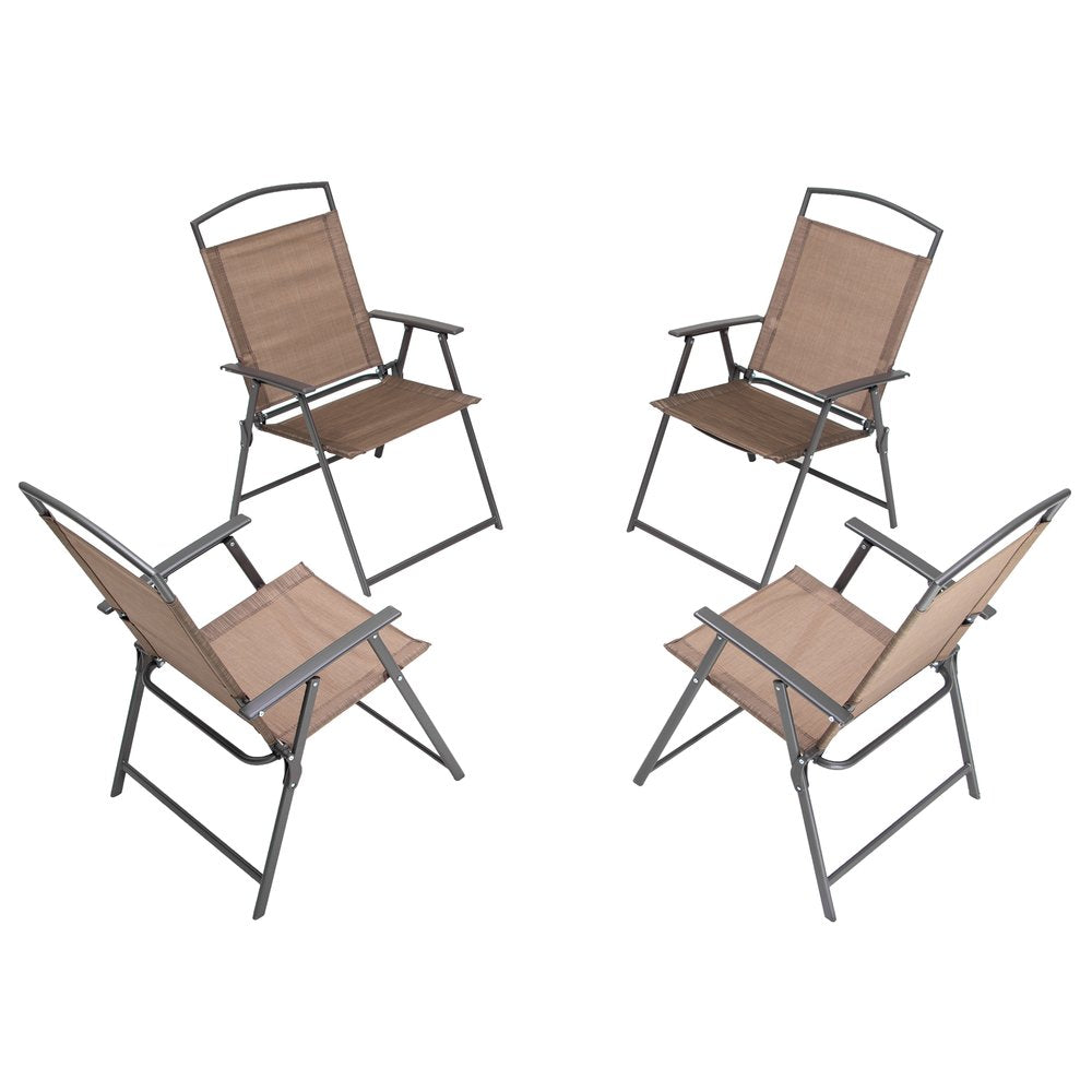 Set of Four Brown Steel Sling Outdoor Folding Stacking Dining Chairs HomeRoots