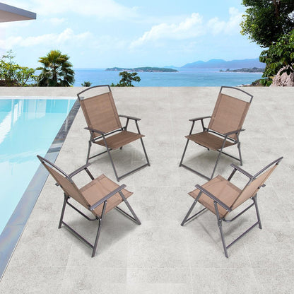 Set of Four Brown Steel Sling Outdoor Folding Stacking Dining Chairs HomeRoots