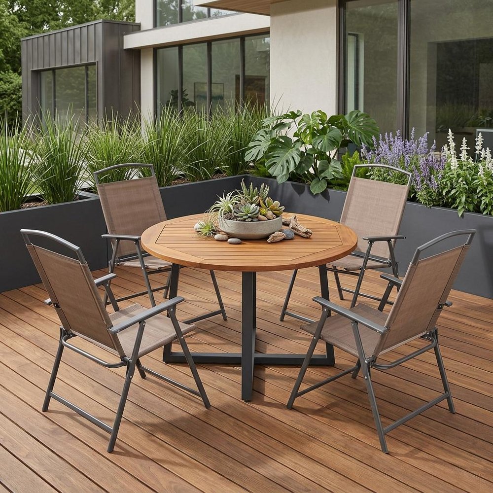 Set of Four Brown Steel Sling Outdoor Folding Stacking Dining Chairs HomeRoots
