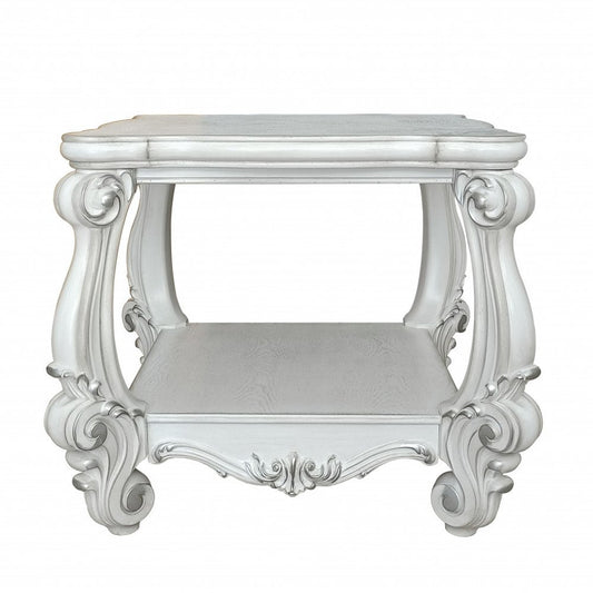 26" Antiqued White Manufactured Wood Square Scroll End Table With Shelf HomeRoots