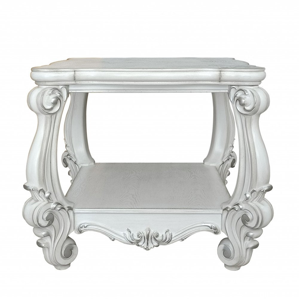 26" Antiqued White Manufactured Wood Square Scroll End Table With Shelf HomeRoots
