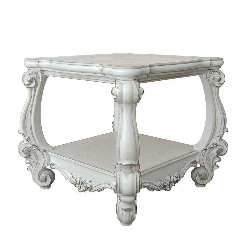 26" Antiqued White Manufactured Wood Square Scroll End Table With Shelf HomeRoots
