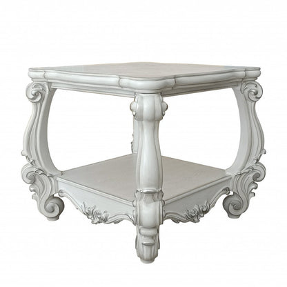 26" Antiqued White Manufactured Wood Square Scroll End Table With Shelf HomeRoots