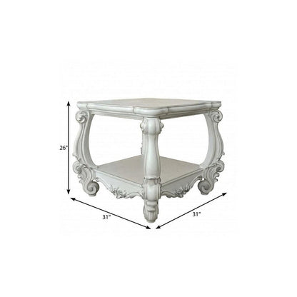 26" Antiqued White Manufactured Wood Square Scroll End Table With Shelf HomeRoots