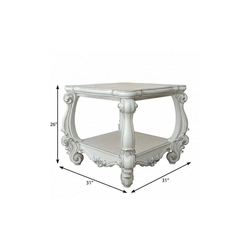 26" Antiqued White Manufactured Wood Square Scroll End Table With Shelf HomeRoots