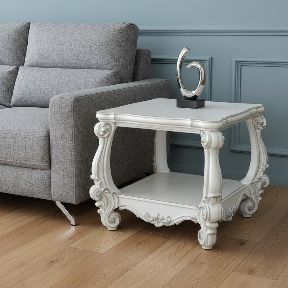 26" Antiqued White Manufactured Wood Square Scroll End Table With Shelf HomeRoots