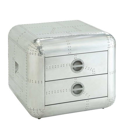 22" Silver Aluminum Aviator Trunk Style Square End Table With Two Drawers HomeRoots