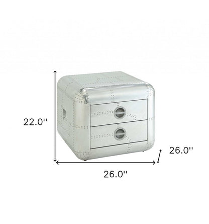 22" Silver Aluminum Aviator Trunk Style Square End Table With Two Drawers HomeRoots