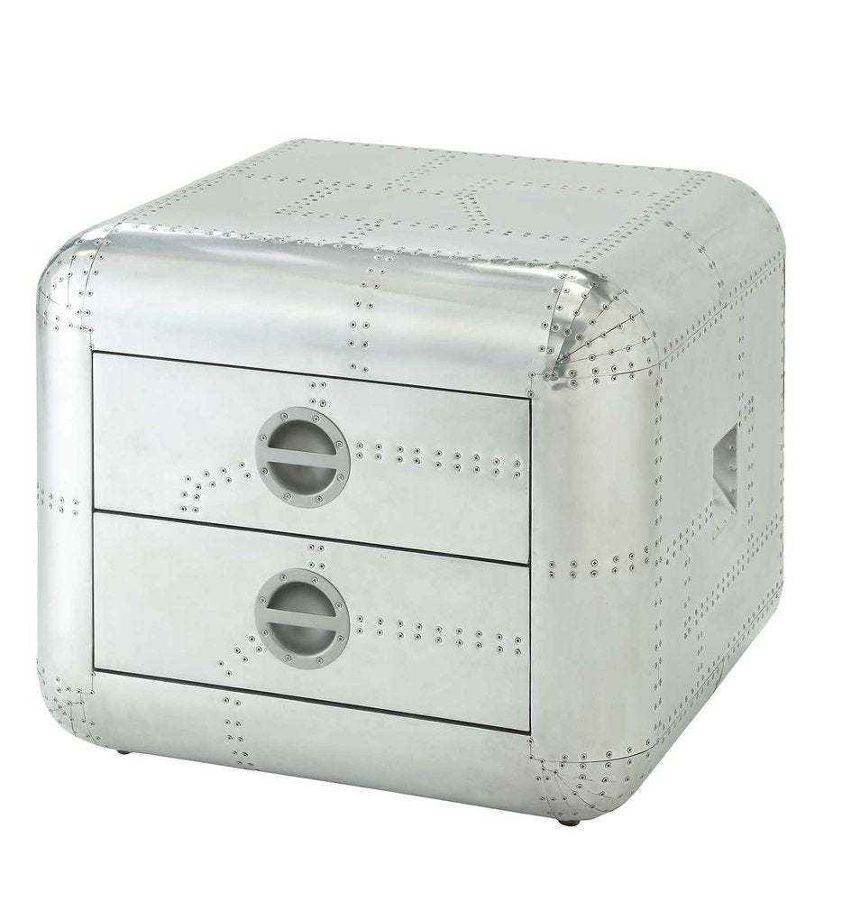 22" Silver Aluminum Aviator Trunk Style Square End Table With Two Drawers HomeRoots