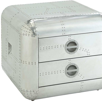 22" Silver Aluminum Aviator Trunk Style Square End Table With Two Drawers HomeRoots