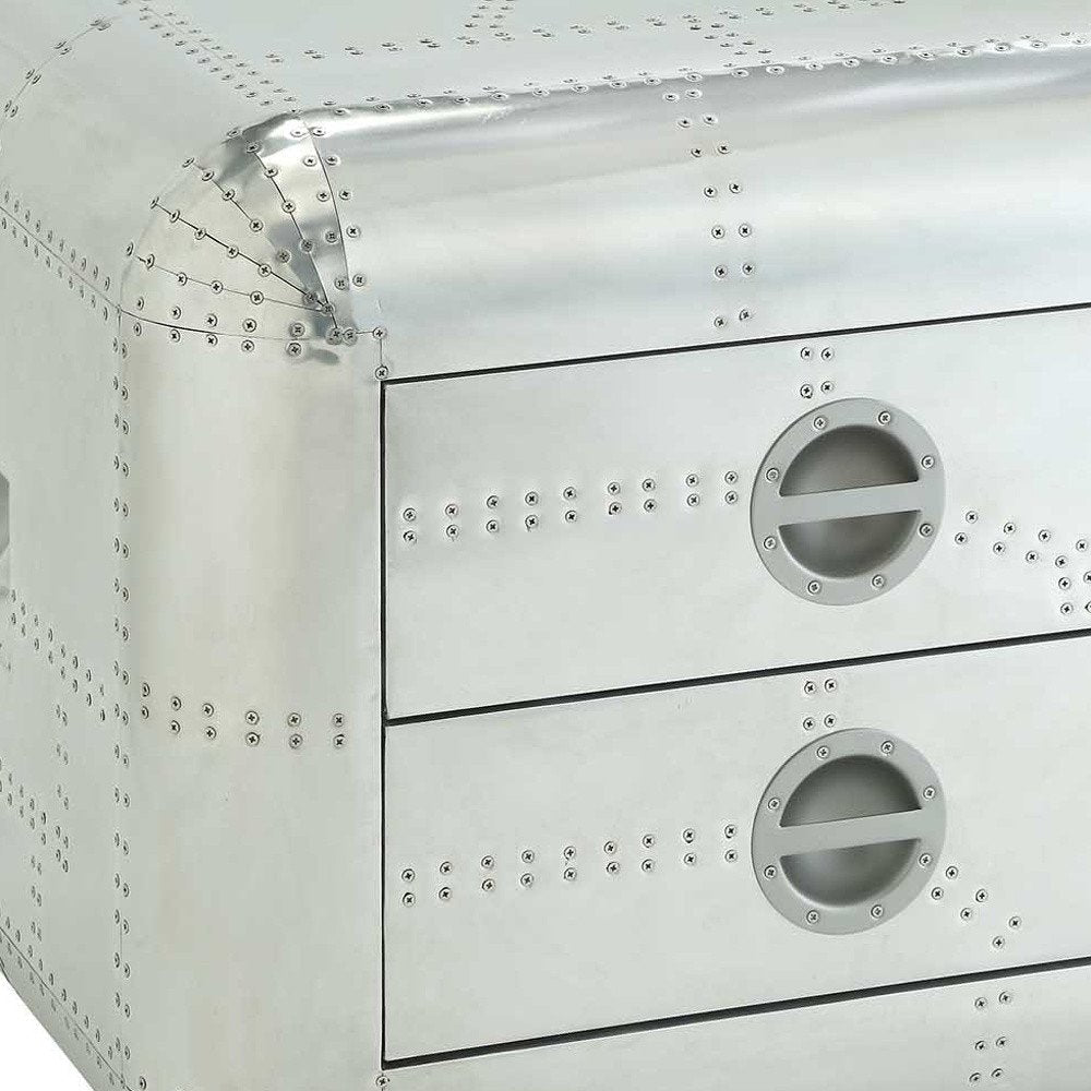 22" Silver Aluminum Aviator Trunk Style Square End Table With Two Drawers HomeRoots