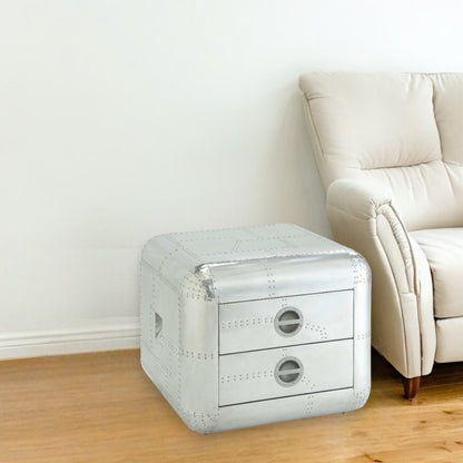 22" Silver Aluminum Aviator Trunk Style Square End Table With Two Drawers HomeRoots