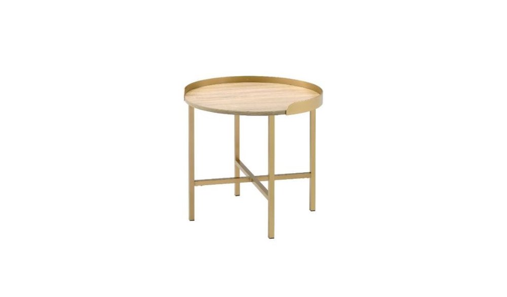 22" Gold And Oak Manufactured Wood And Metal Round End Table HomeRoots