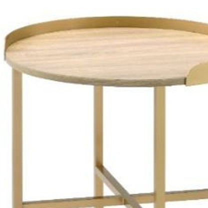 22" Gold And Oak Manufactured Wood And Metal Round End Table HomeRoots