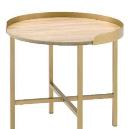 22" Gold And Oak Manufactured Wood And Metal Round End Table HomeRoots