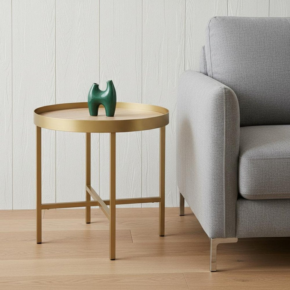 22" Gold And Oak Manufactured Wood And Metal Round End Table HomeRoots