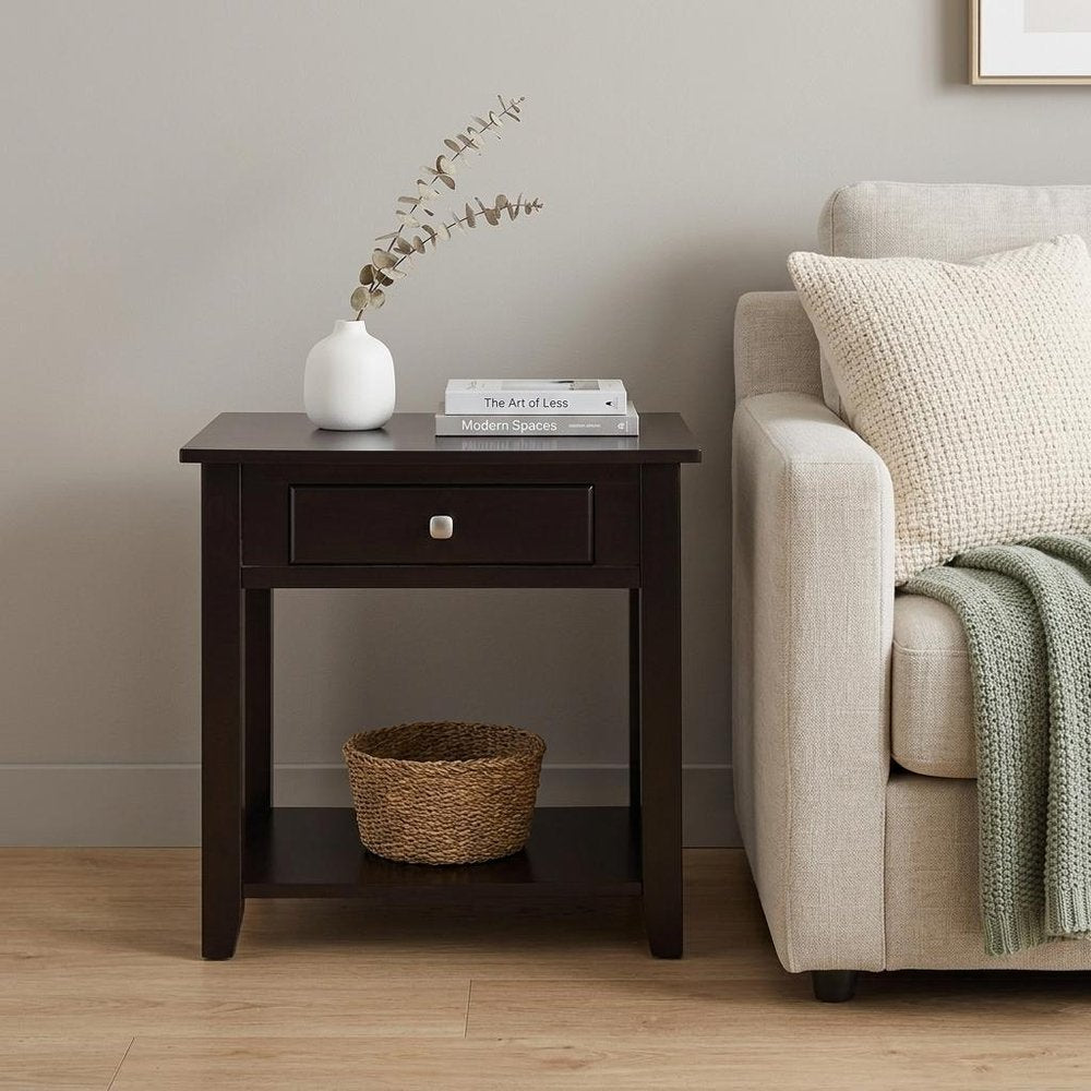 22" Black Manufactured Wood Square End Table With Drawer With Shelf HomeRoots