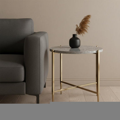 24" Champagne And Light Gray Manufactured Wood And Metal Round End Table HomeRoots