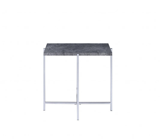 24" Chrome And Faux Marble Manufactured Wood And Metal Rectangular End Table - FurniFindUSA