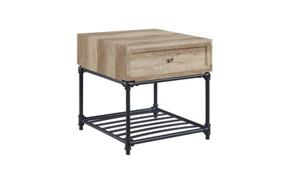 22" Sandy Black And Oak Manufactured Wood And Metal Square End Table With Drawer And Shelf HomeRoots