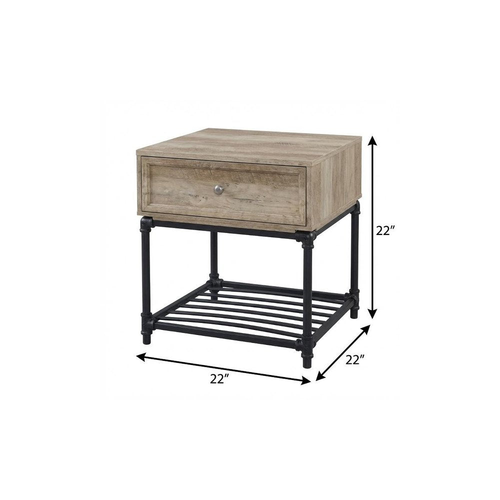 22" Sandy Black And Oak Manufactured Wood And Metal Square End Table With Drawer And Shelf HomeRoots
