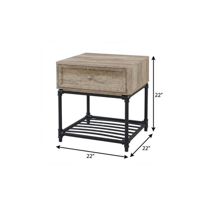 22" Sandy Black And Oak Manufactured Wood And Metal Square End Table With Drawer And Shelf HomeRoots