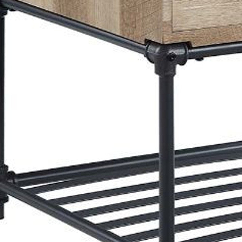 22" Sandy Black And Oak Manufactured Wood And Metal Square End Table With Drawer And Shelf HomeRoots