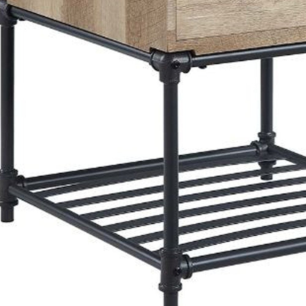 22" Sandy Black And Oak Manufactured Wood And Metal Square End Table With Drawer And Shelf HomeRoots