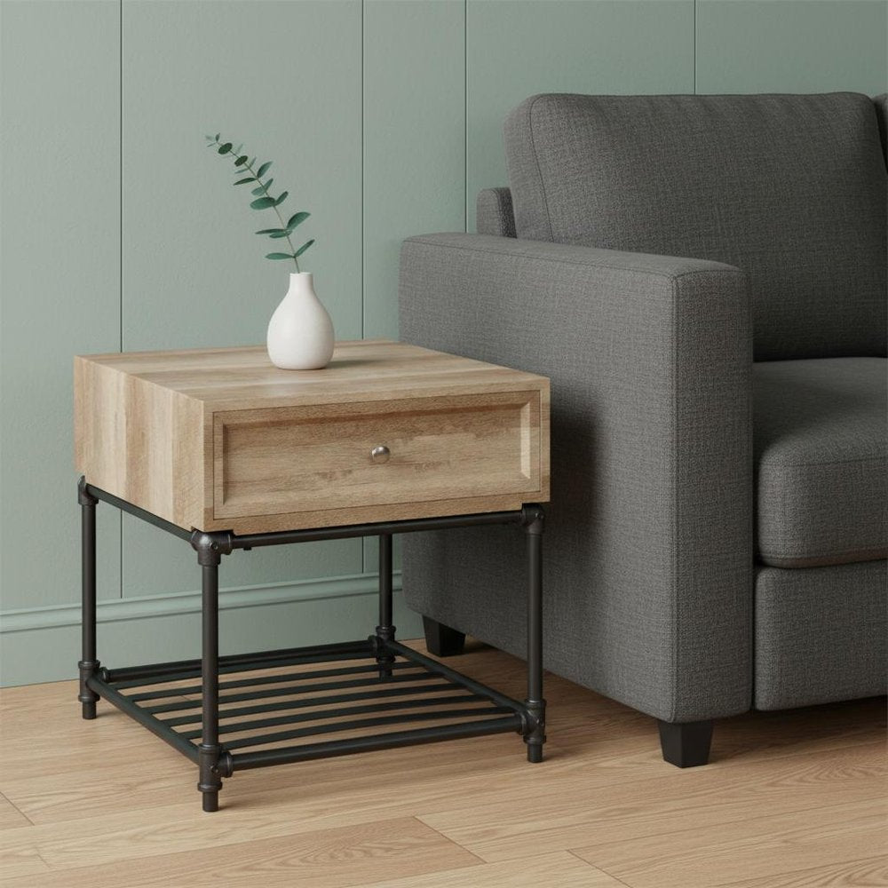 22" Sandy Black And Oak Manufactured Wood And Metal Square End Table With Drawer And Shelf HomeRoots