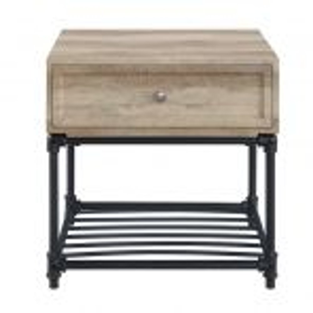 22" Oak And Black Wood And Iron Square End Table With Drawer And Shelf