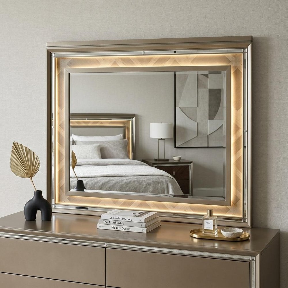 37" Champagne Lighted Wood Framed Mounted Dresser Mirror HomeRoots