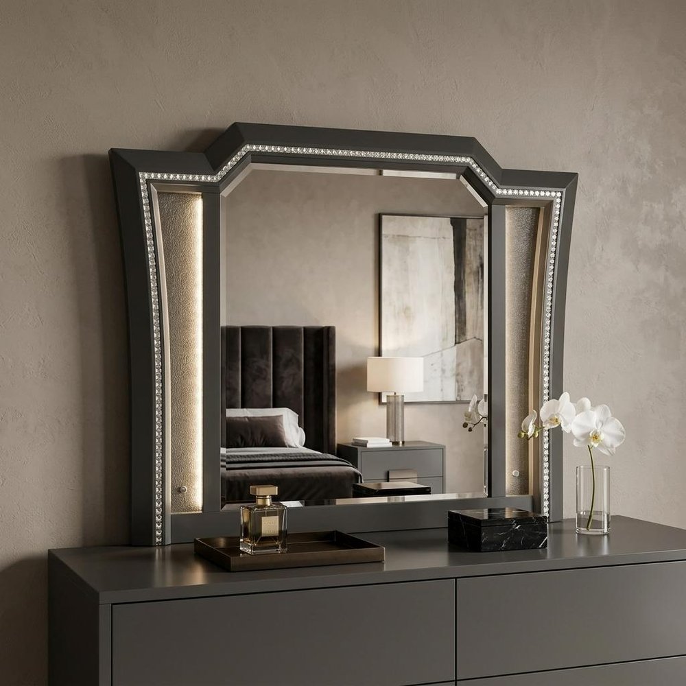 38" Gunmetal Lighted Abstract Wood Framed Mounted Dresser Mirror HomeRoots