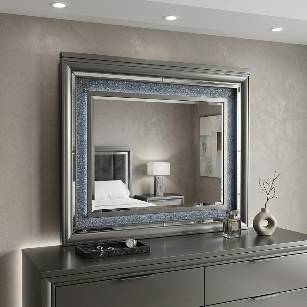 39" Gunmetal Lighted Wood Framed Mounted Dresser Mirror HomeRoots
