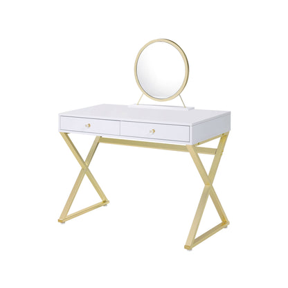 31" White & Gold Finish Round Dresser Mirror